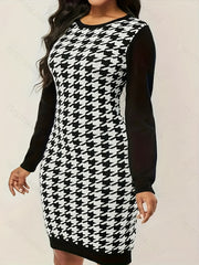  Colorblock Houndstooth Print Round Neck Midi Dress