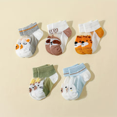5 Pairs Boys Animal Print Crew Socks Comfortable Kids Sport Socks