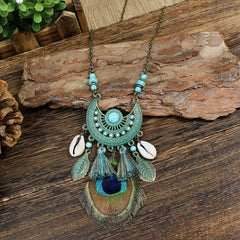 Boho Style Pendant Necklace Feather Tassel & Shell Pendant