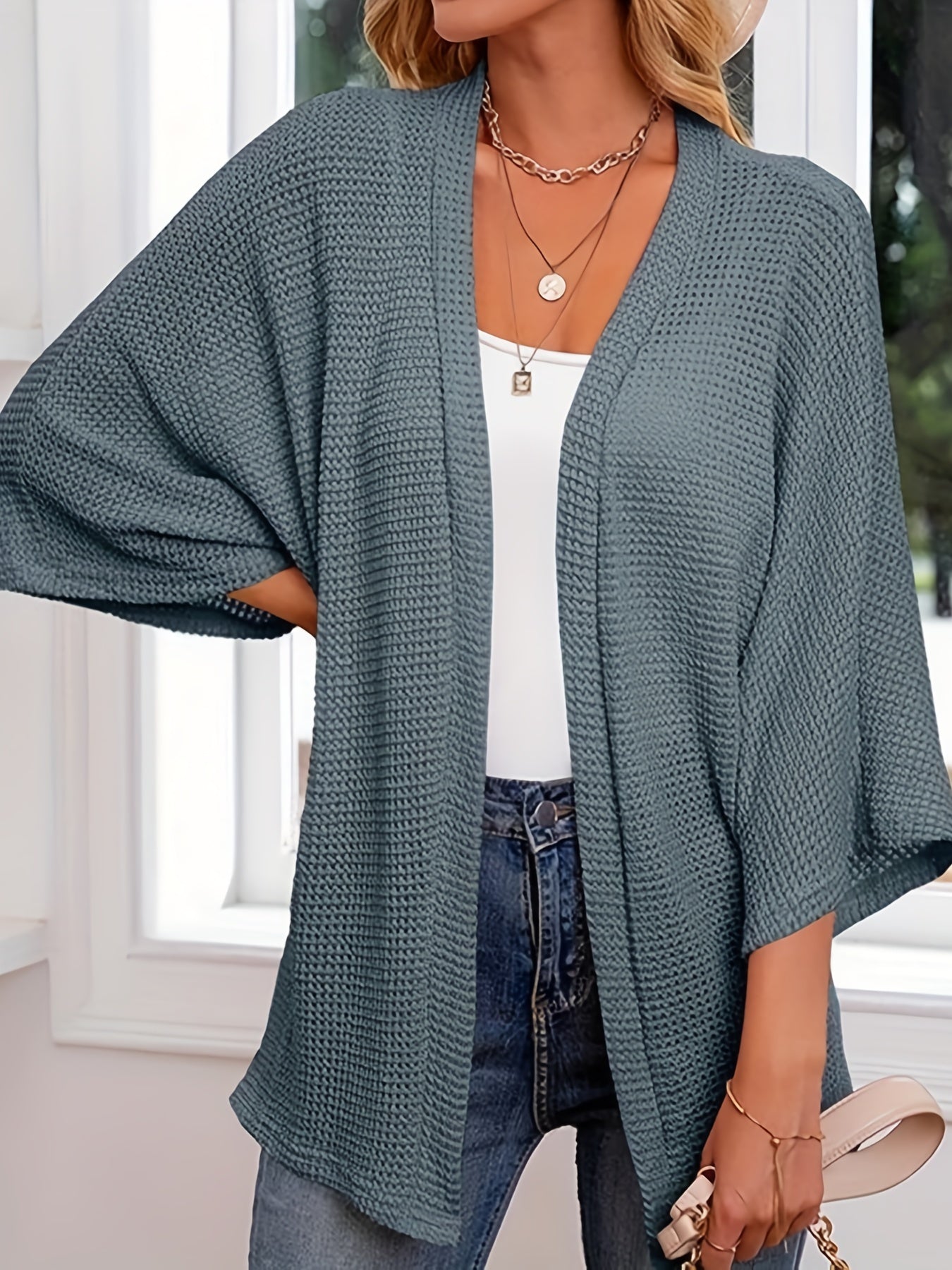  Casual Cardigan Women's Plus Solid Waffle Knit Open Front Cardigan