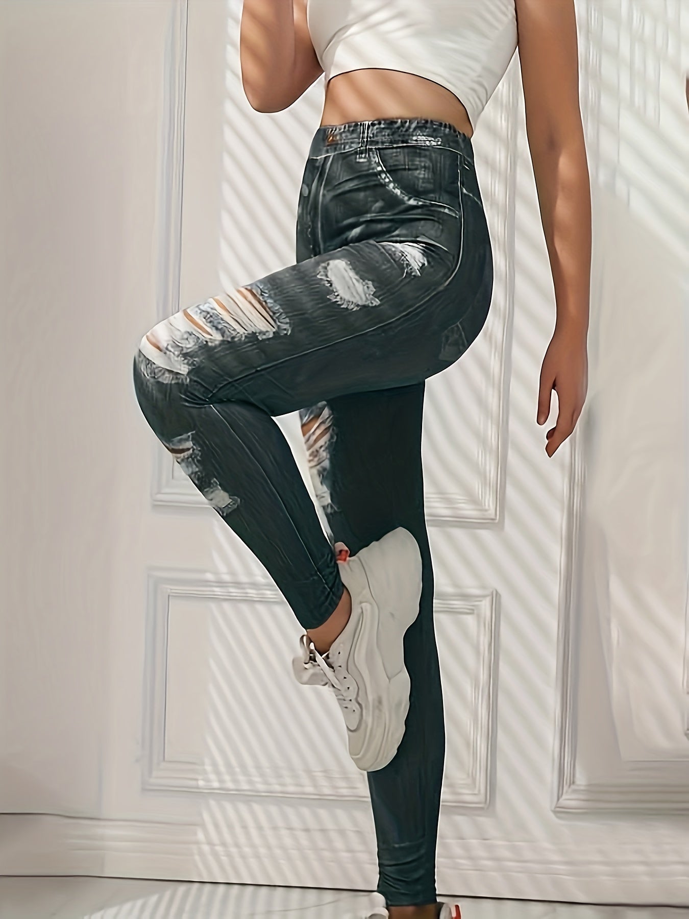 Denim Print Ripped Pants High Waist Slim Pants