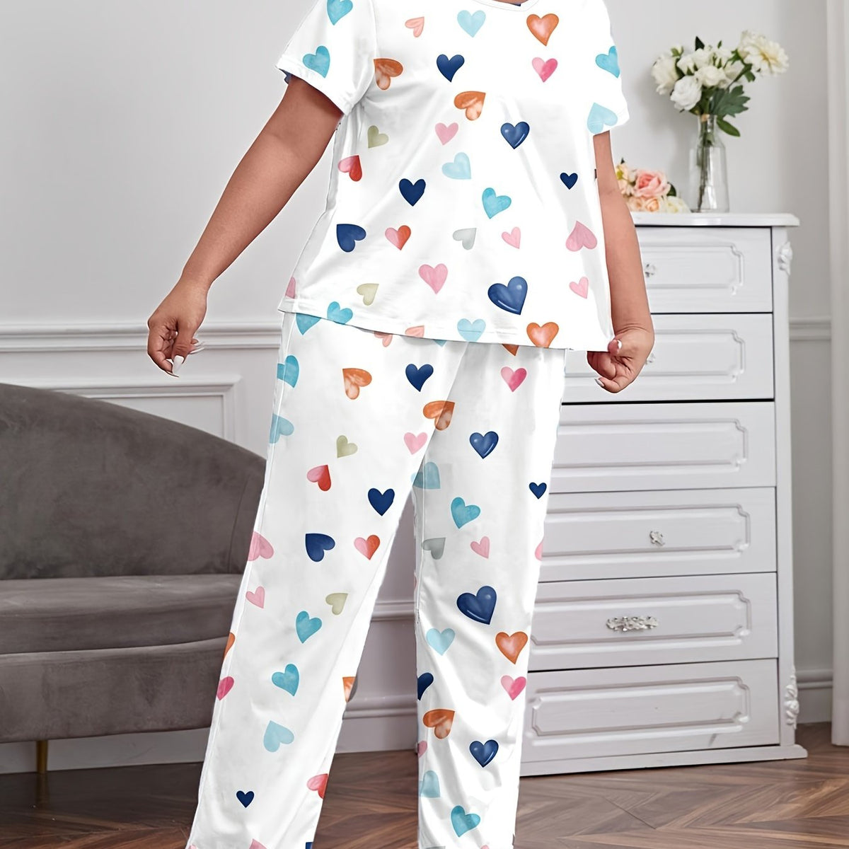 Heart Print Pajamas Set Short Sleeve Tee & Pants Loungewear