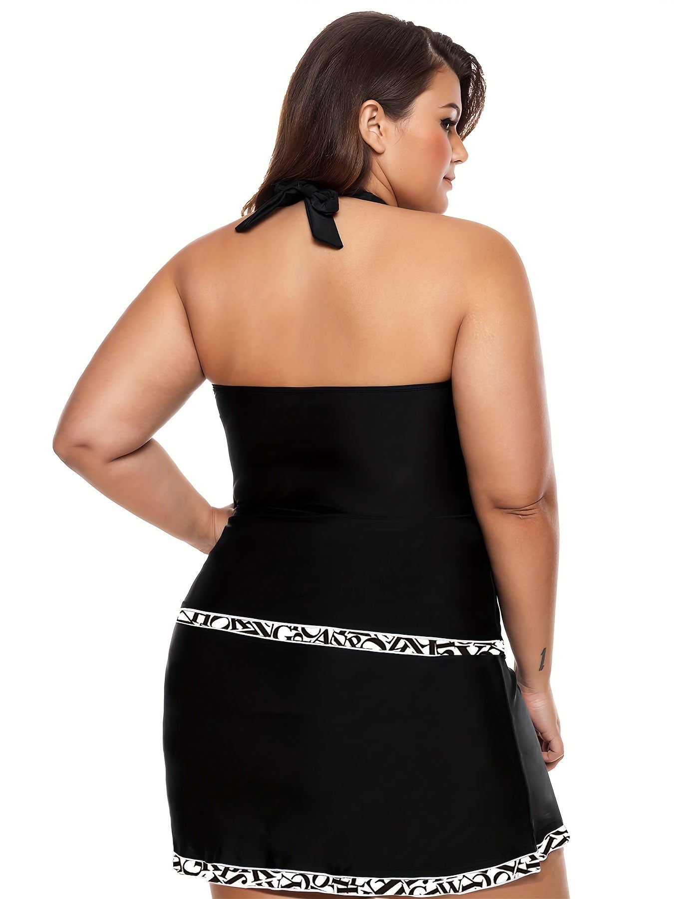  V Neck Halter Top & Lace Up Ruched Split Skirt Swimsuit