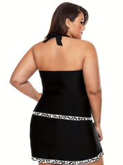  V Neck Halter Top & Lace Up Ruched Split Skirt Swimsuit