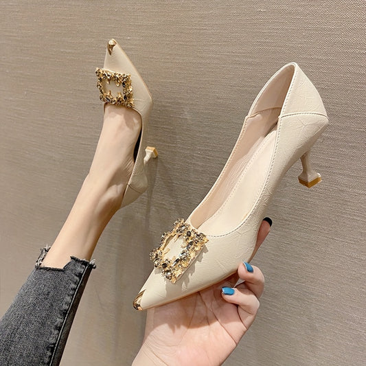 Women's Pointed Toe Kitten Heels Square Rhinestone Slip On Low Heels