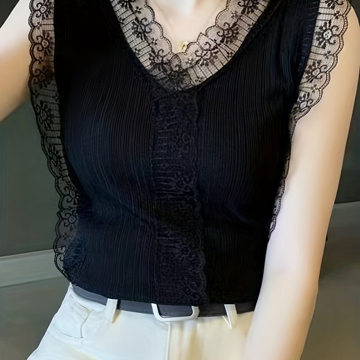 Lace Trim V Neck Tank Top Sleeveless Summer Casual Women's Clothing