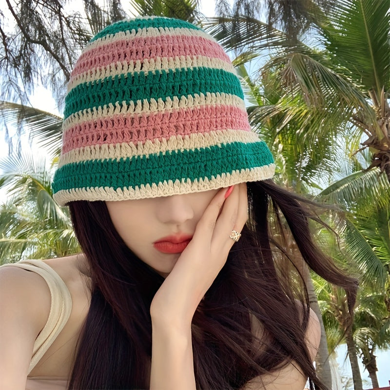 Rainbow Striped Crochet Bucket Hat Y2K Block Hollow Out Knit Hat