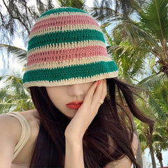 Rainbow Striped Crochet Bucket Hat Y2K Block Hollow Out Knit Hat