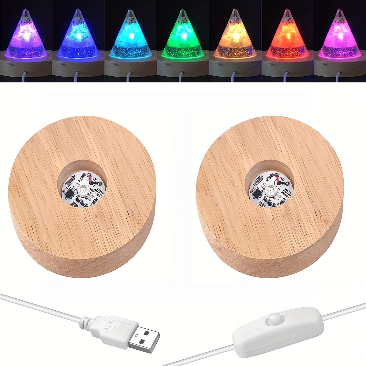 LED Lights Display Base 7 Colored Round Wooden Lighted Stand