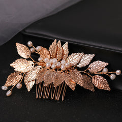 Golden Leaf Hair Comb Headdress with Pearl