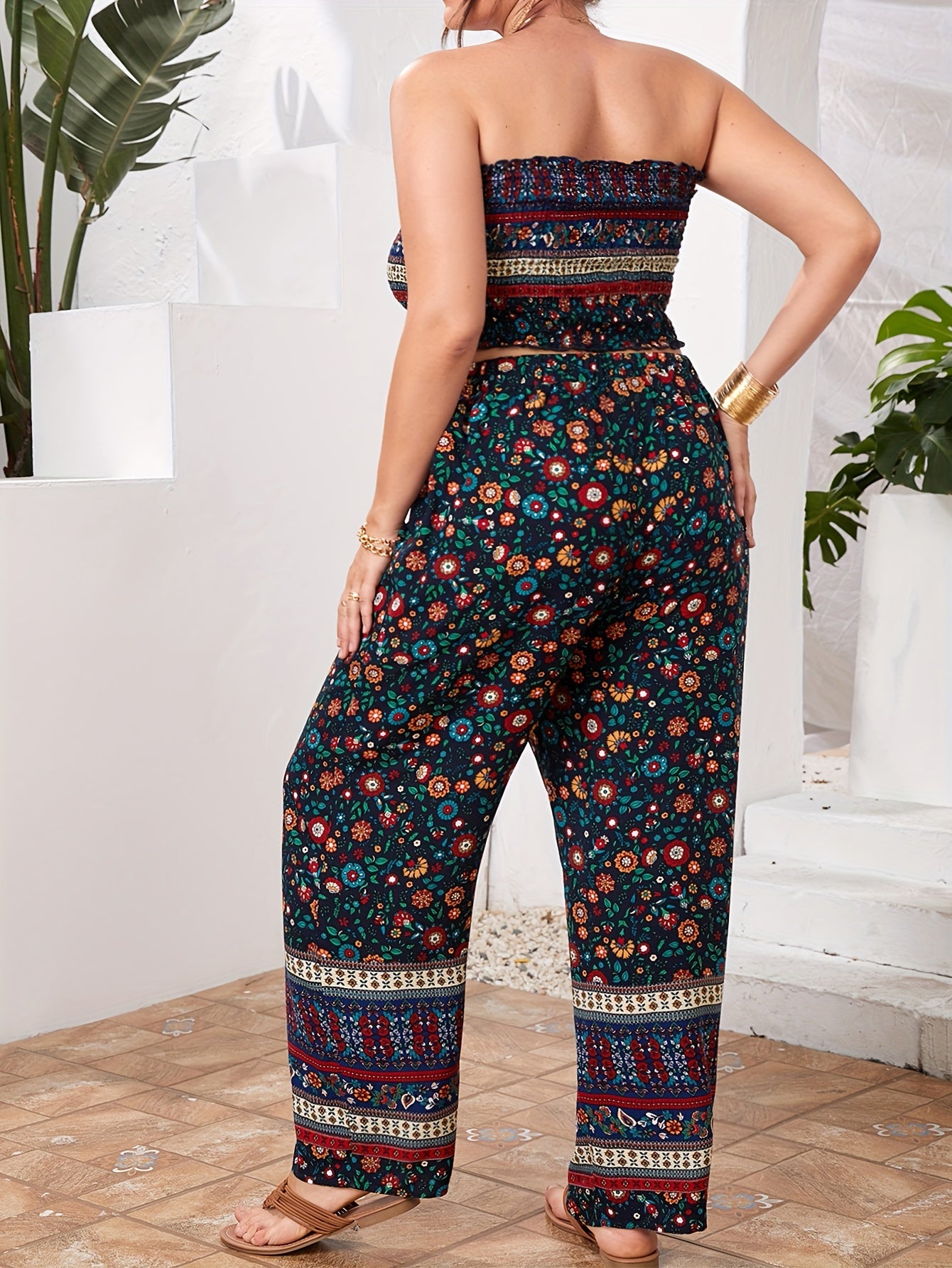 Boho 2pc Set Plus Size Ditsy Print Tube Top & Wide Leg Pants