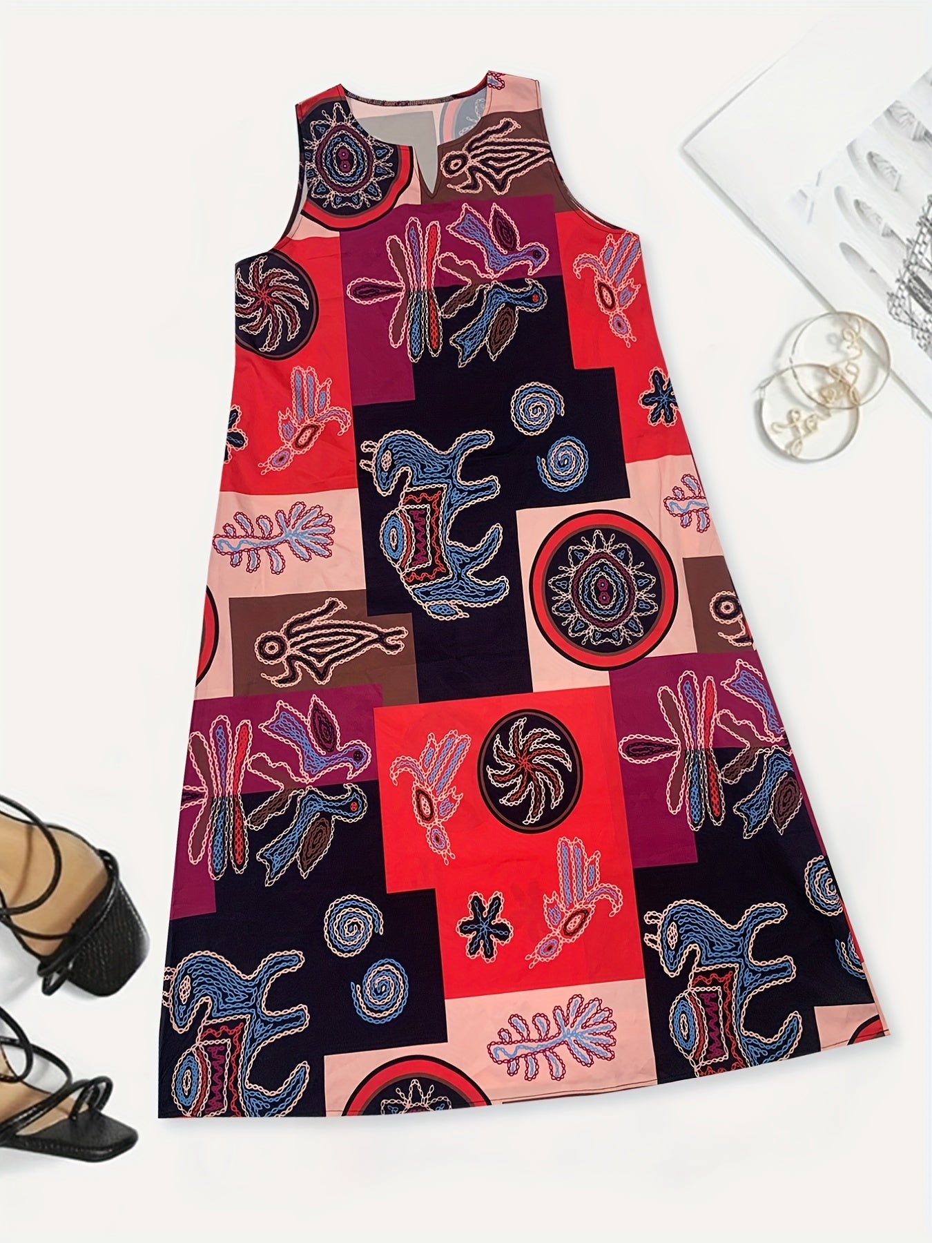  Colorblock Graphic Print Maxi Tank Dress With Pockets