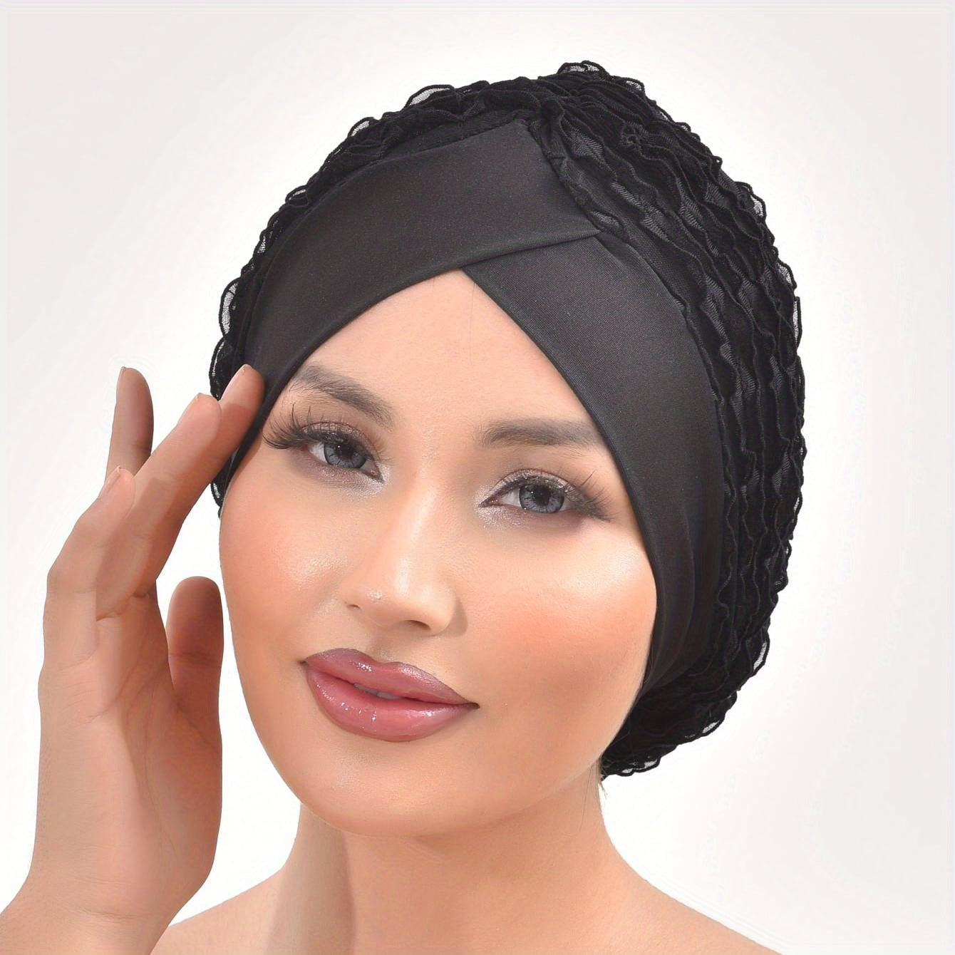 Solid Lace Turban Cap Head Wraps Elastic Hijab Hats Ramadan Beanie