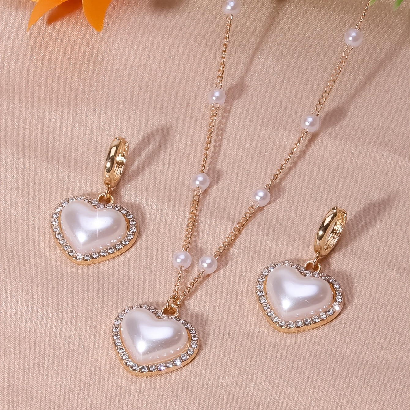 Heart Shape Faux Pearls Jewelry Set Necklace Earrings Rhinestones
