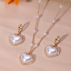 Heart Shape Faux Pearls Jewelry Set Necklace Earrings Rhinestones