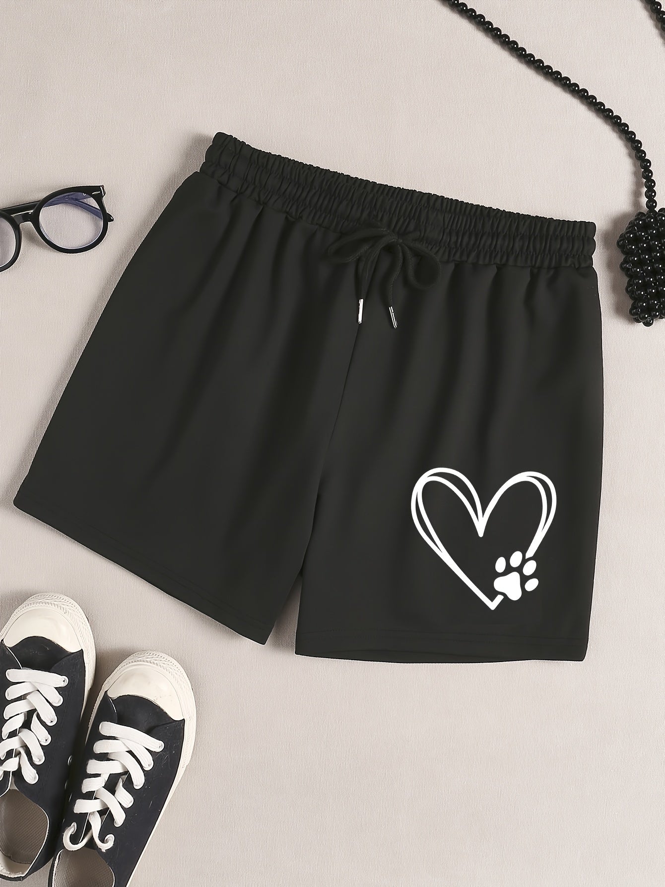  Heart & Puppy Paw Print Elastic Waist Shorts