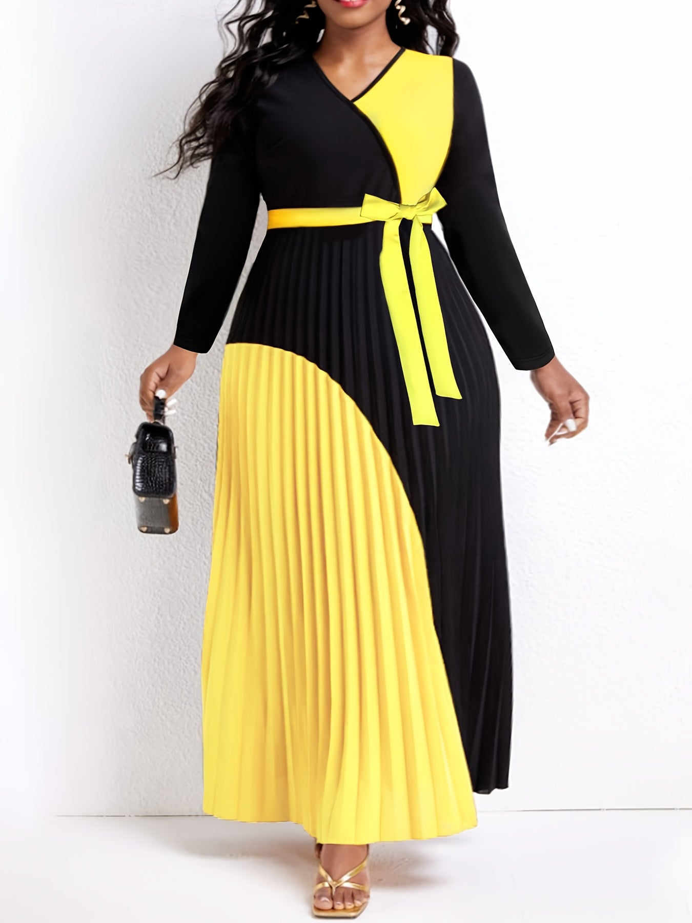  Colorblock Long Sleeve Maxi Dress With Belt