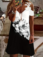  Floral Print Lace Panel Cold Shoulder V Neck Dress