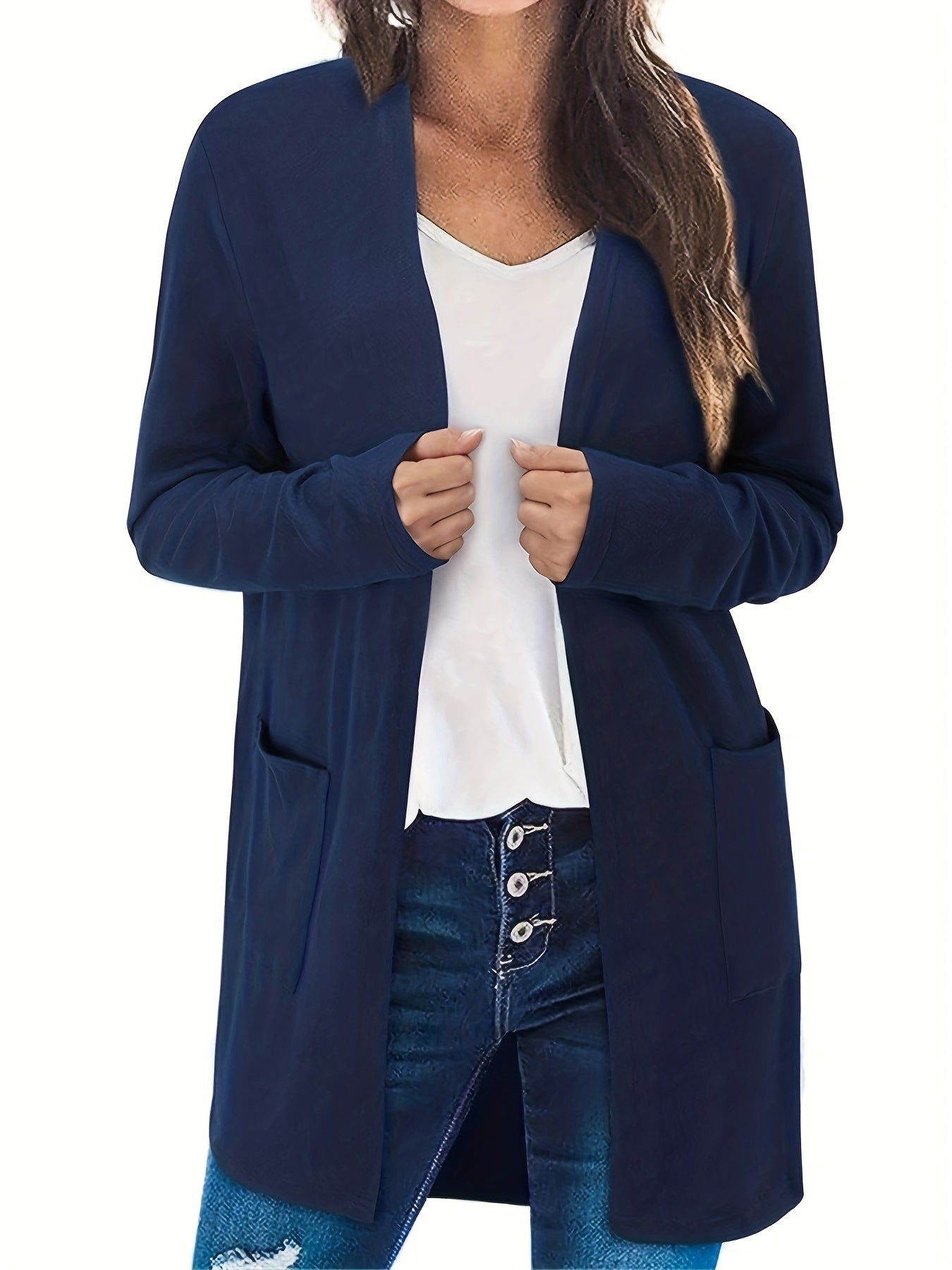  Casual Cardigan Women's Plus Solid Open Front Cardigan With Pockets