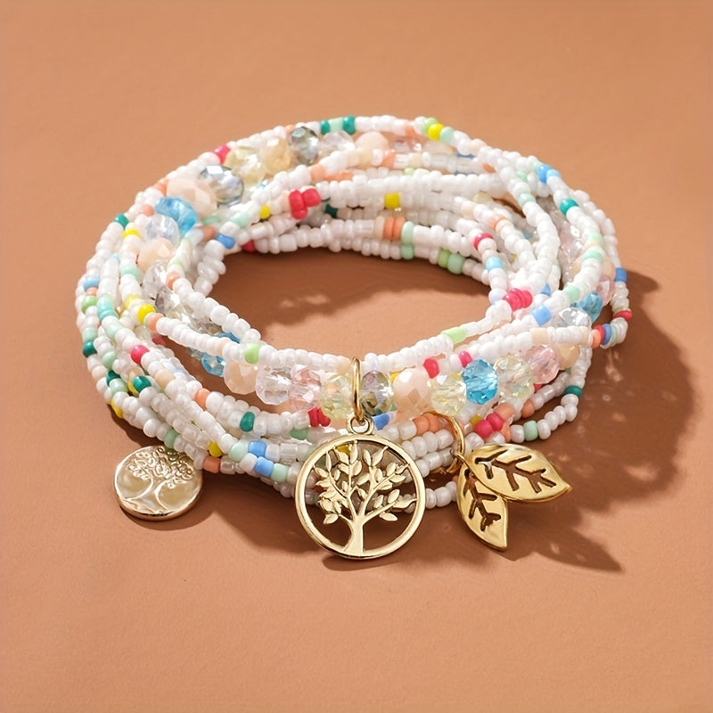 Leaf Shape Pendant Beaded Bracelet Boho Style Hand Jewelry For Women