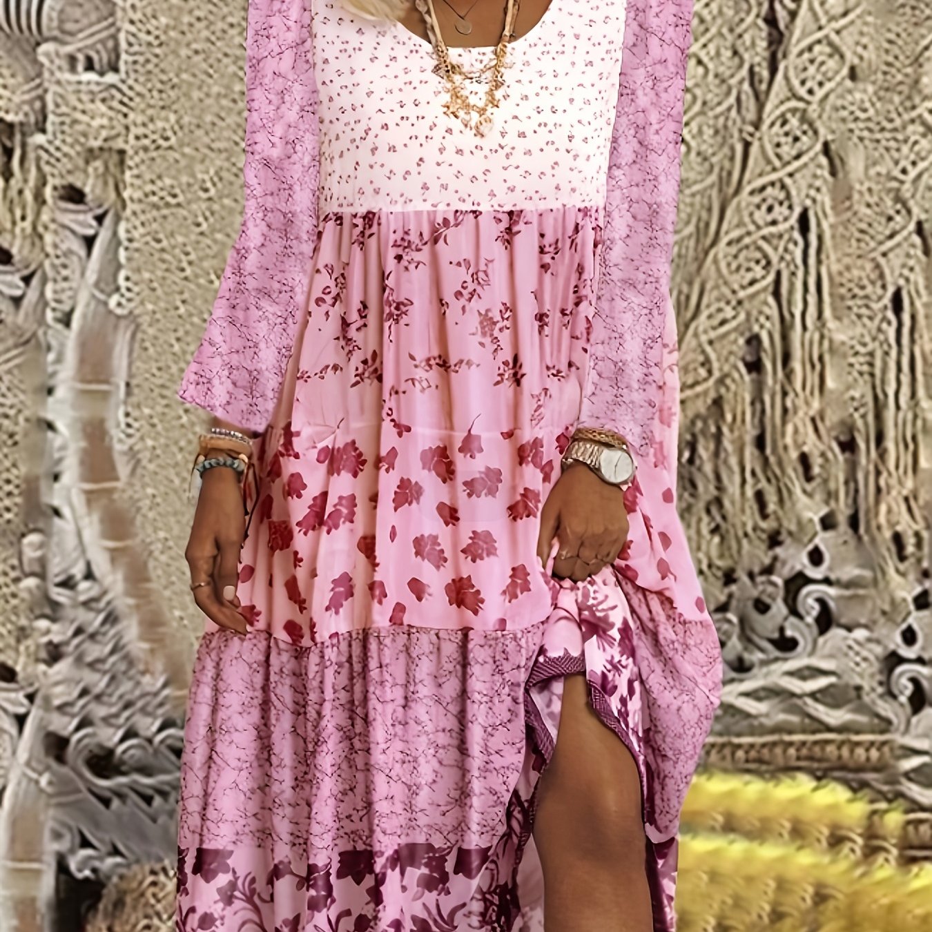  Colorblock Floral Print Long Sleeve Dress