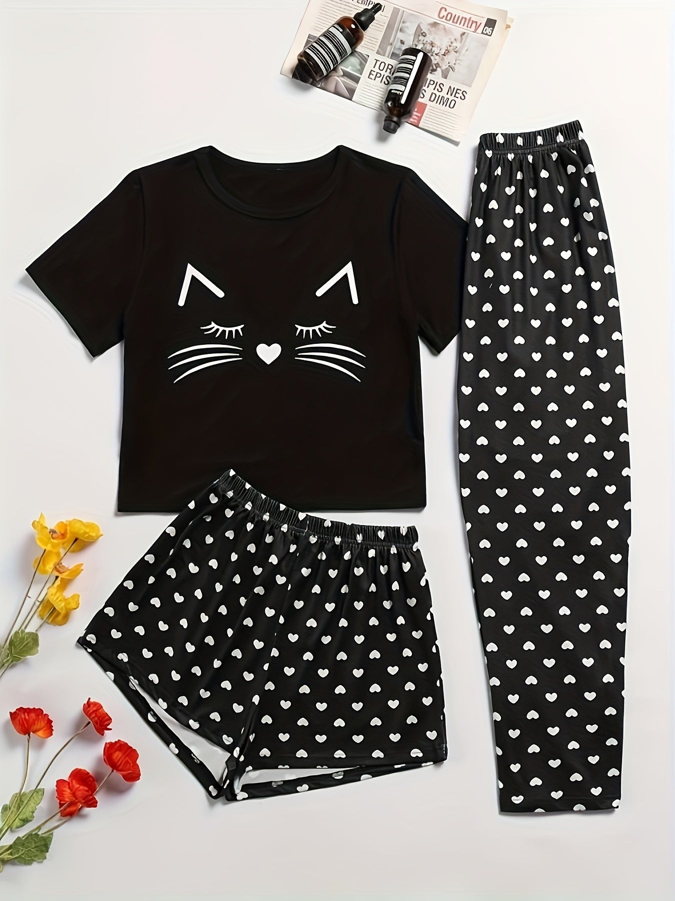 Heart Print Pajama Set Crew Neck Top & Shorts & Pants Women's Sleepwear