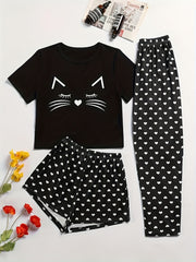 Heart Print Pajama Set Crew Neck Top & Shorts & Pants Women's Sleepwear