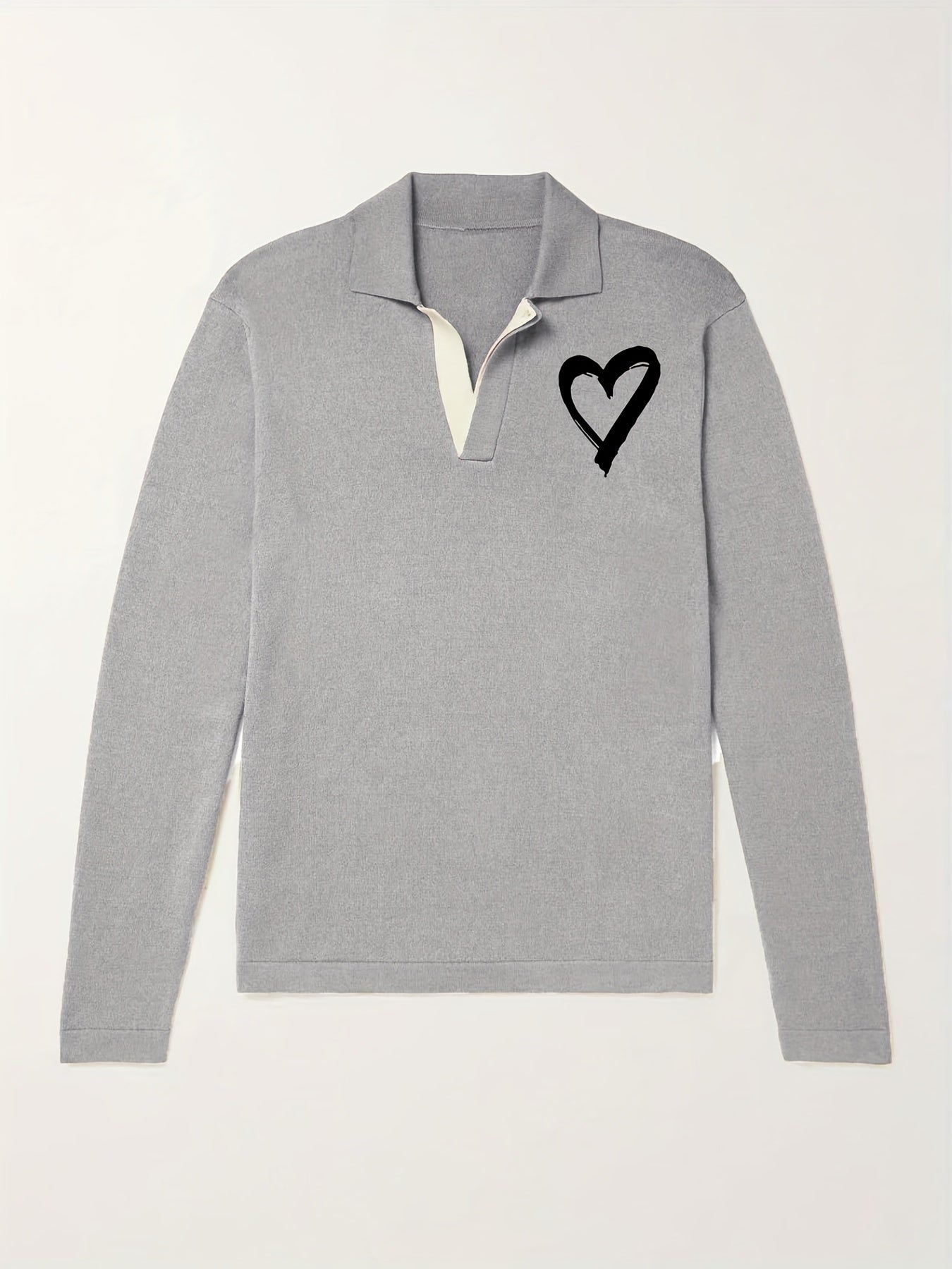 Heart Pattern Knit Polo Shirt Men's Casual Lapel Middle Stretch V Neck Pullover
