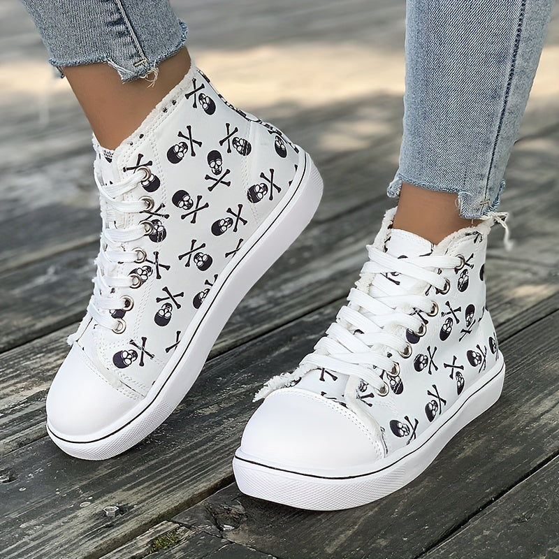Skull Print High Top Sneakers Lace Up Casual Walking Shoes