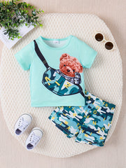 Preppy Kids Bear Graphic T-shirt & Plaid Shorts Set