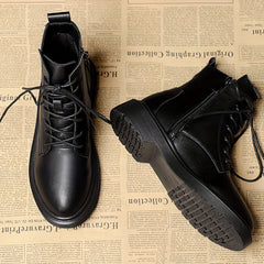 Women's Solid Combat Boots Lace Up Zipper British Style Boots