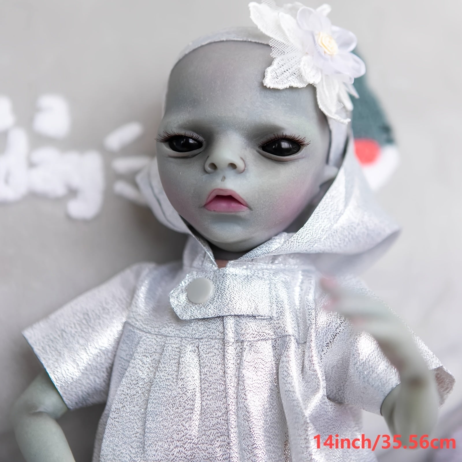14" Realistic Vinyl Alien Doll Handcrafted Silver Dress with Floral Headband