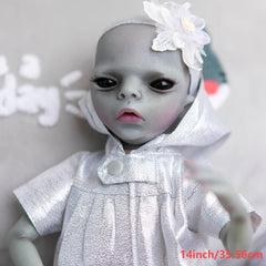 14" Realistic Vinyl Alien Doll Handcrafted Silver Dress with Floral Headband