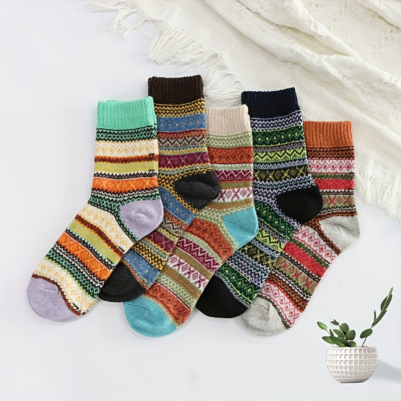5 Pairs Geometric Pattern Socks Warm Mid Tube Women's Stockings
