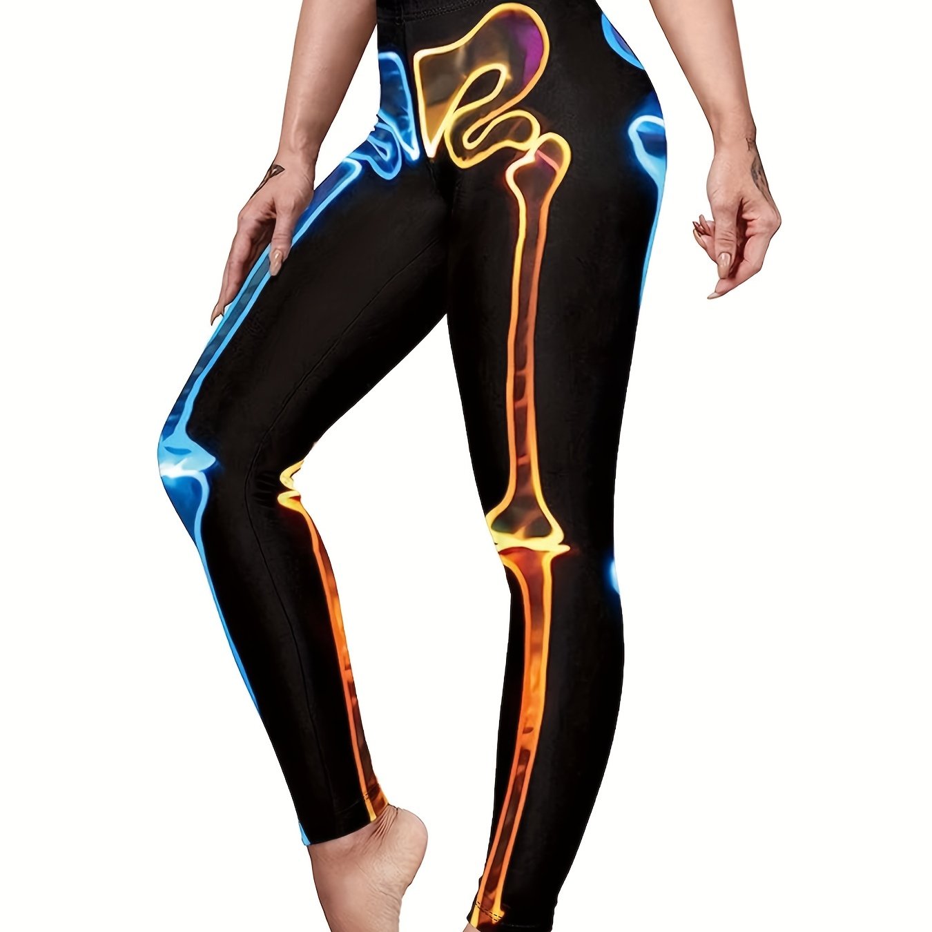  Skeleton Print High Rise Tummy Control Leggings