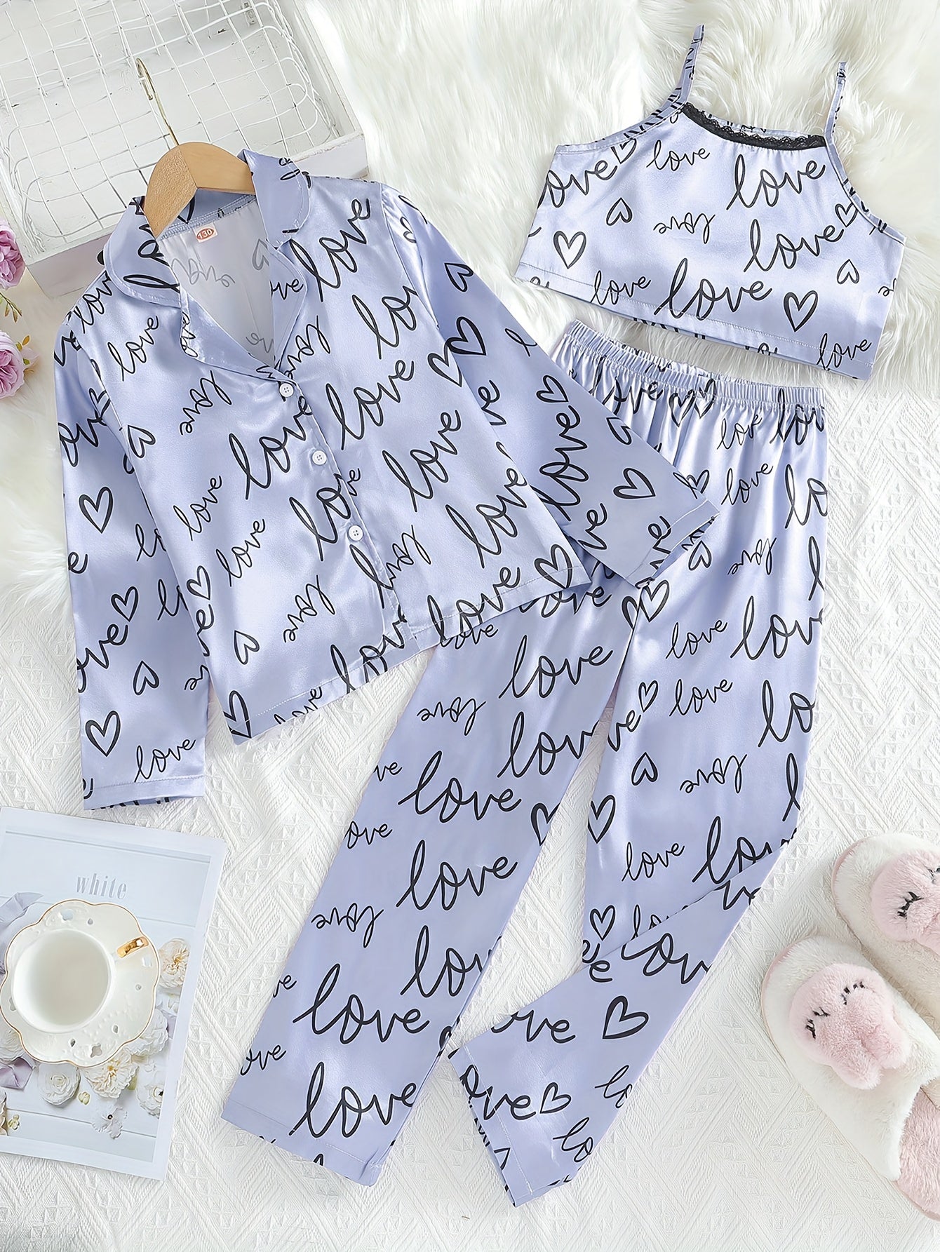 Girl's 3pcs Heart Print Pajama Set Long Sleeve Top Camisole Pants