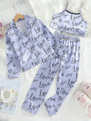 Girl's 3pcs Heart Print Pajama Set Long Sleeve Top Camisole Pants