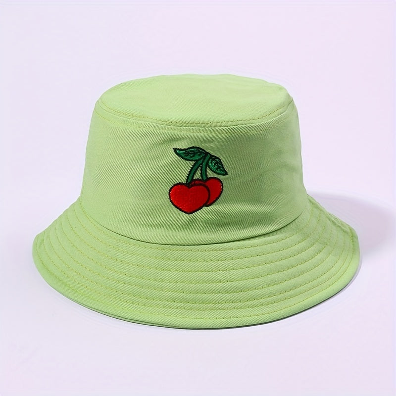 Cherry Embroidery Bucket Hat Casual Sunscreen Fisherman Cap
