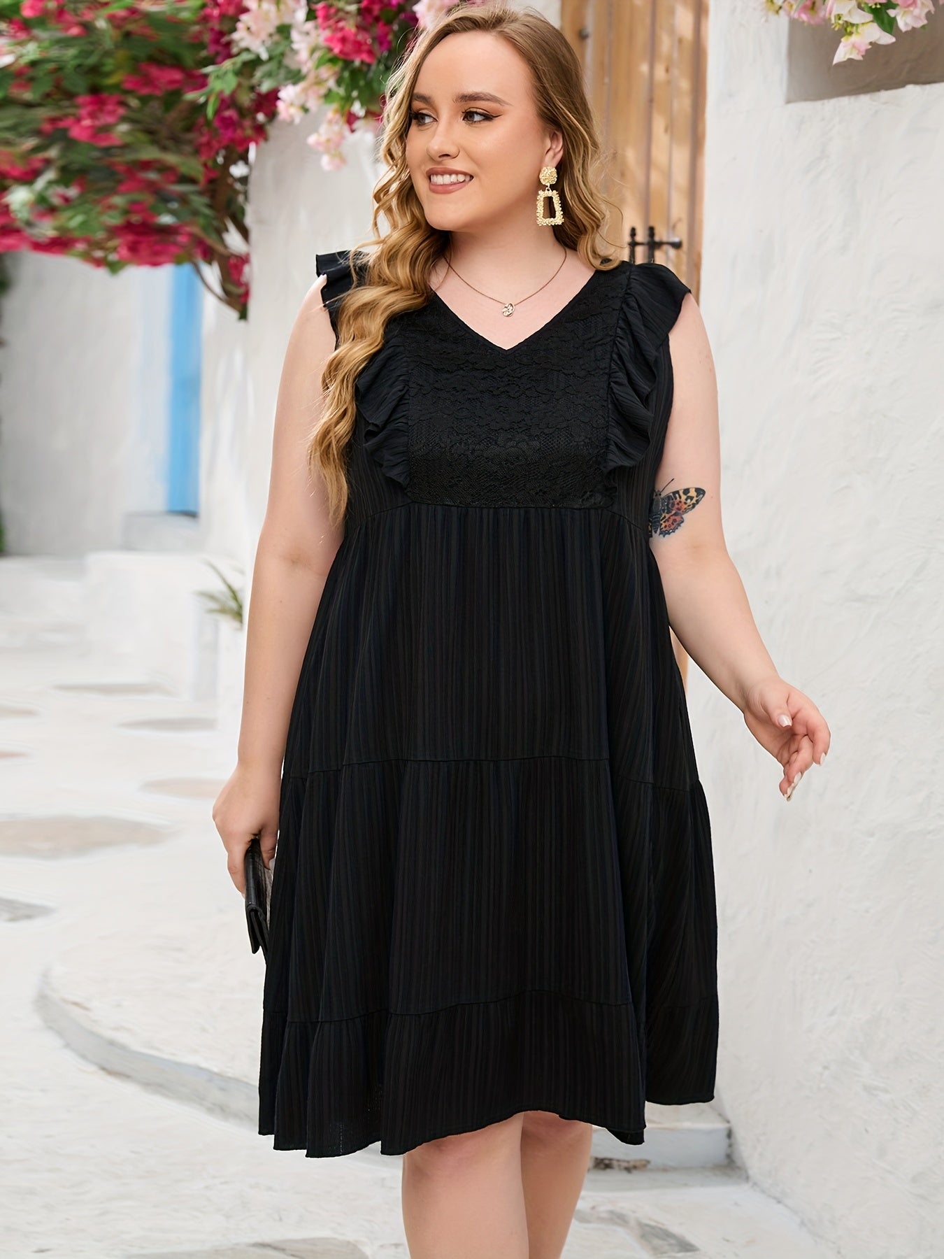  Solid Lace Ruffle Sleeve V Neck Dress