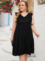  Solid Lace Ruffle Sleeve V Neck Dress