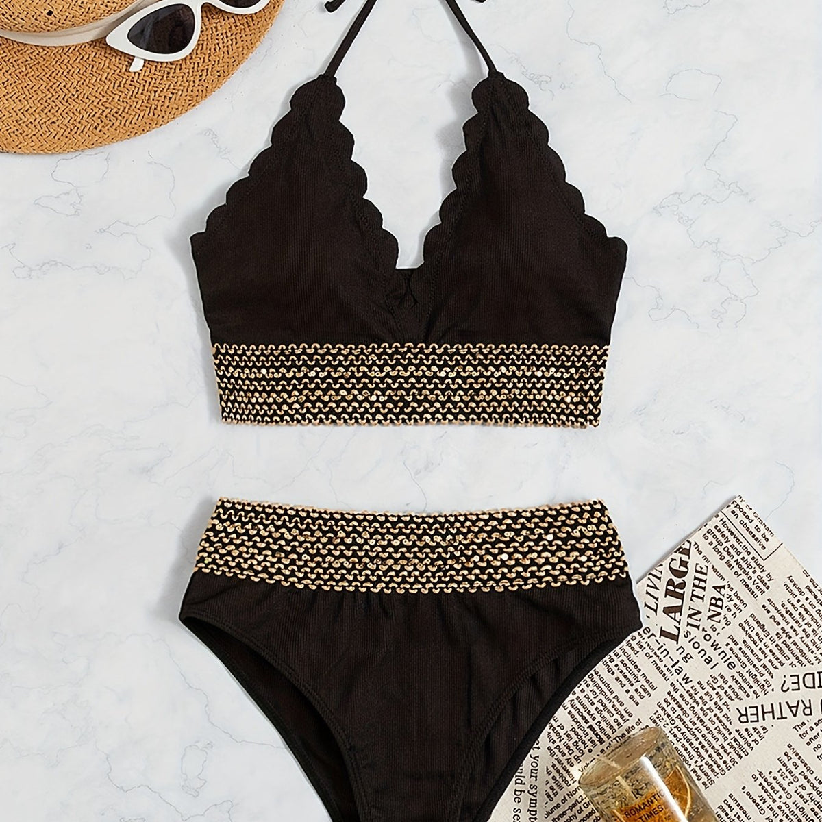 Scallop Trim Halter V Neck Bikini Set
