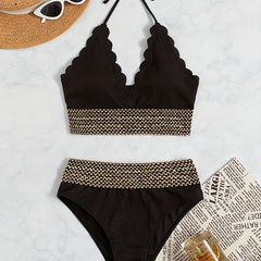 Scallop Trim Halter V Neck Bikini Set