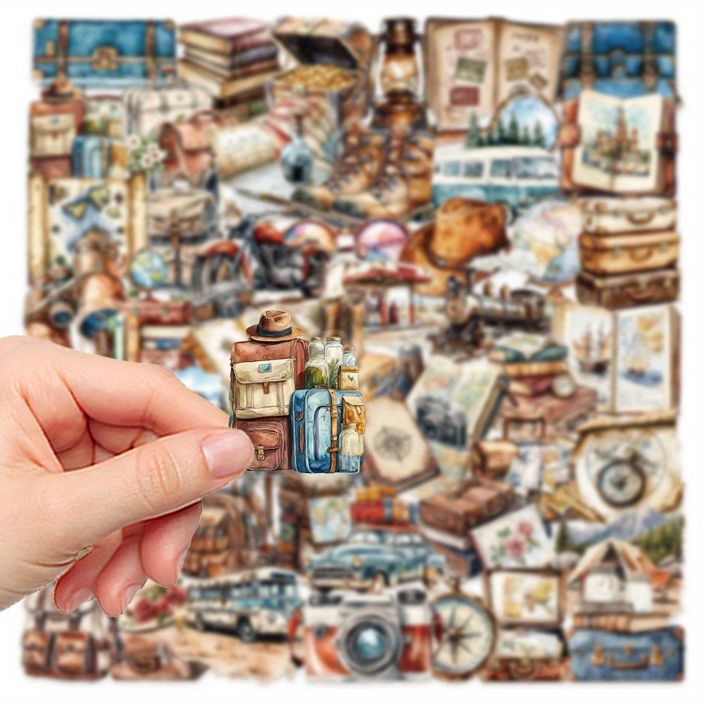 50pcs Vintage Travel Diary Stickers - Suitcase Map Compass Camera Designs