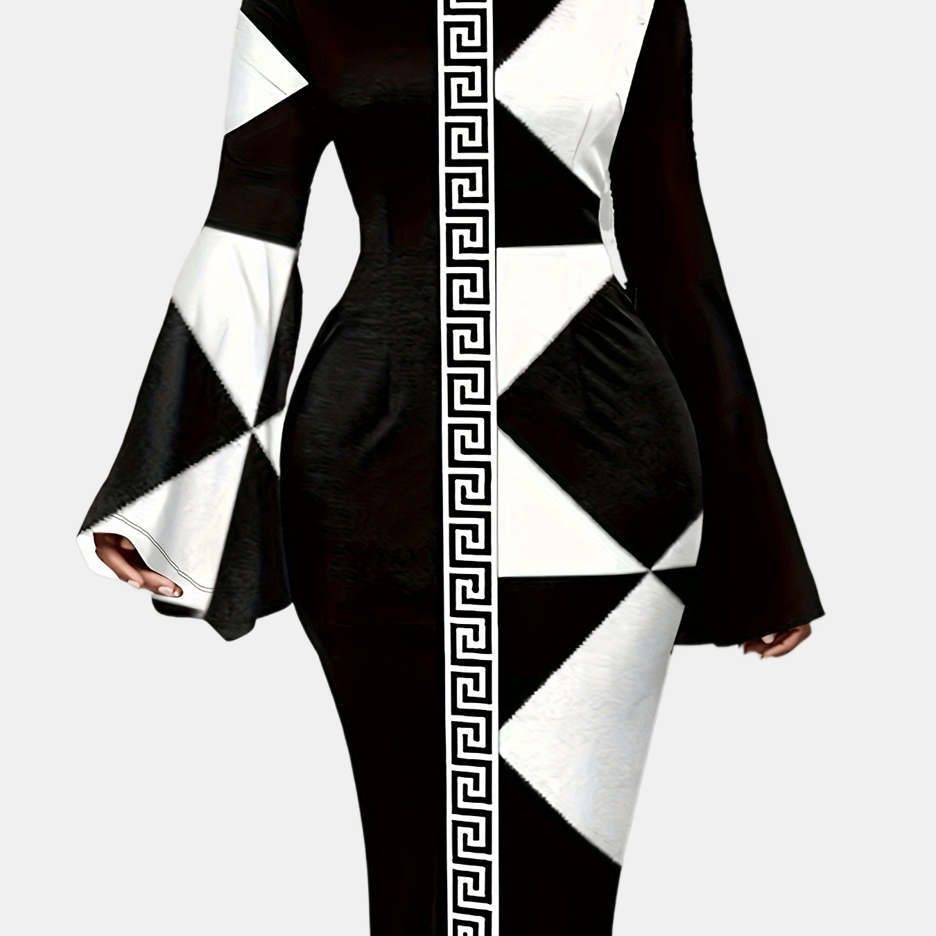  Colorblock Geometric Print Bell Sleeve Dress