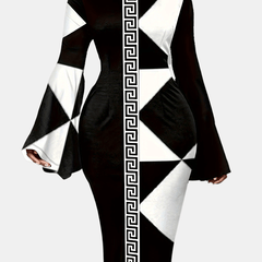  Colorblock Geometric Print Bell Sleeve Dress