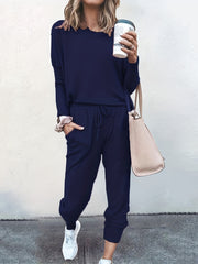 Casual Two-piece Set Long Sleeve T-shirt & Drawstring Pants Outfit