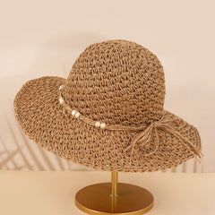Women's Big Brim Straw Bucket Hat Wooden Bead Rope Decor Fisherman Cap