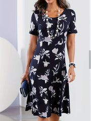  Floral Print Short Sleeve Round Neck Dress