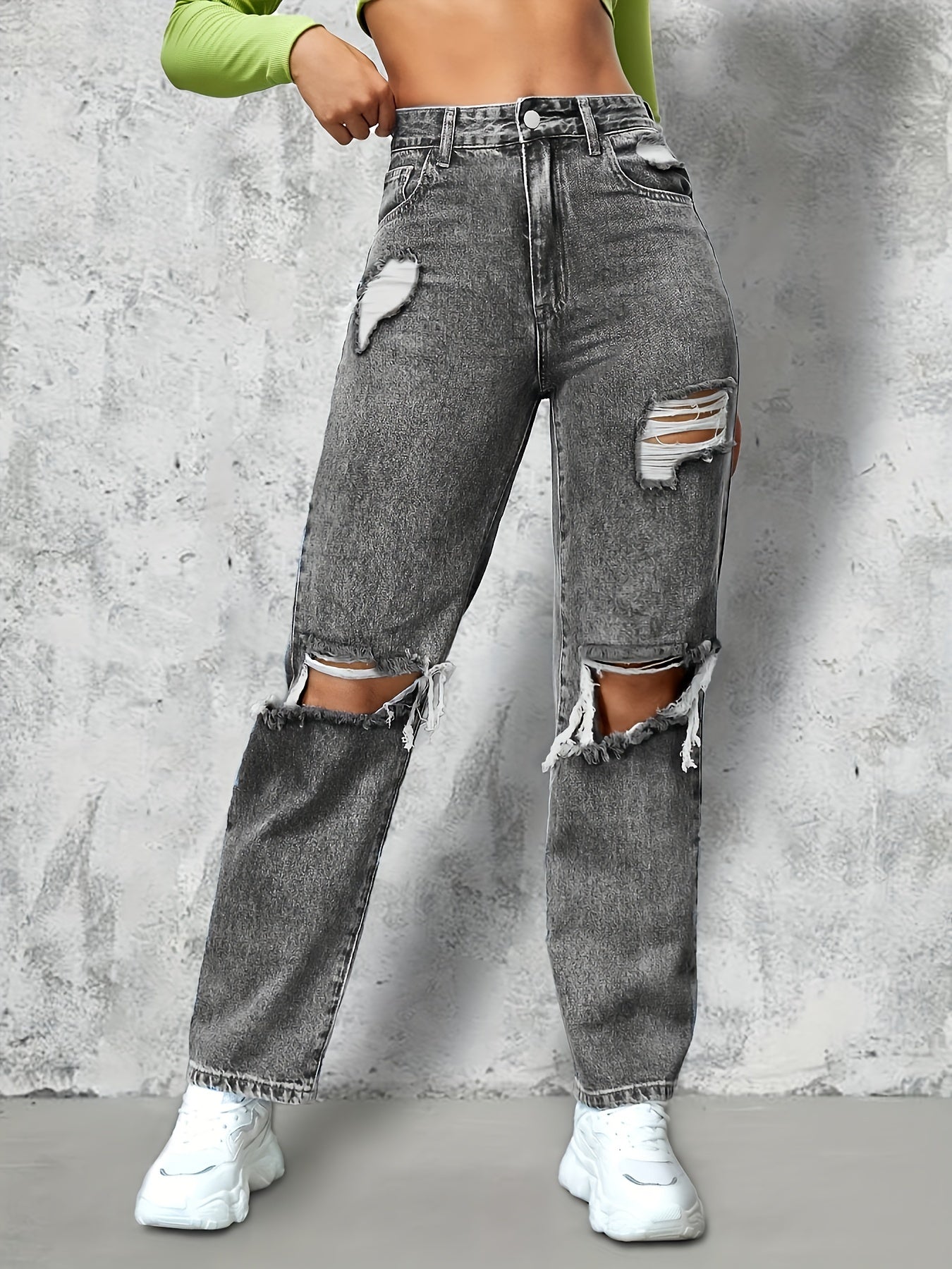 Grey Ripped Holes Straight Jeans Distressed Loose Fit Slash Pockets Denim Pants