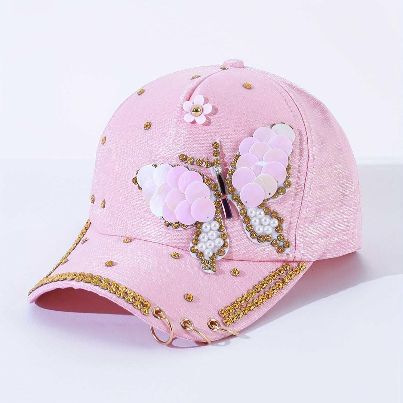Pink Butterfly Y2K Baseball Cap Pearl Rhinestone Adjustable Sun Hat